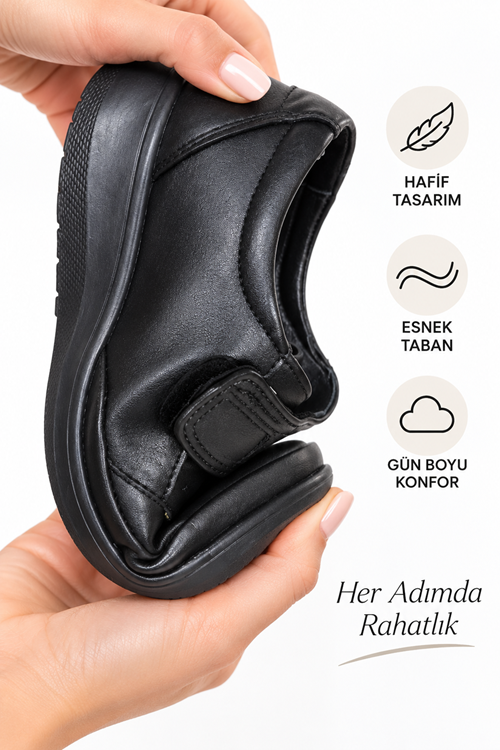 Kadın Siyah Cırtlı Rahat Ayakkabı Yumuşak Günlük Comfort Ayakkabı