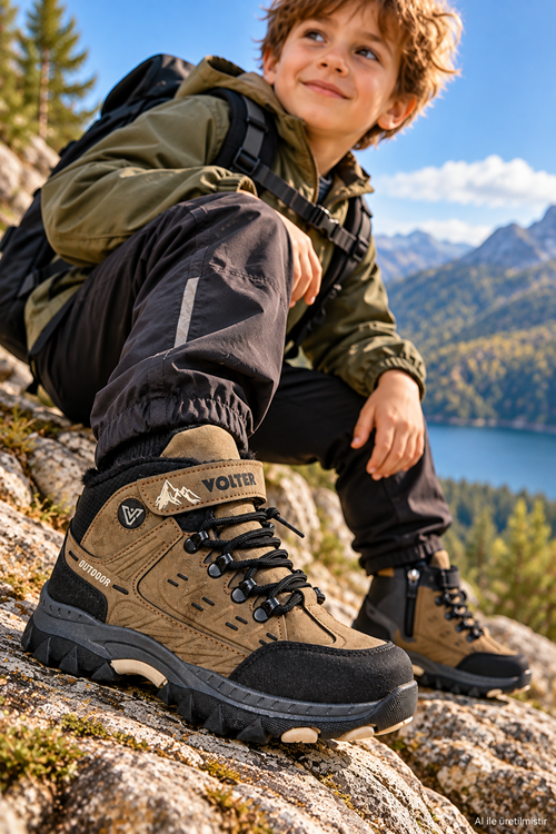 Erkek Çocuk Trekking Bot Outdoor Kışlık Ayakkabısı Fermuarlı Cırtlı Vizon