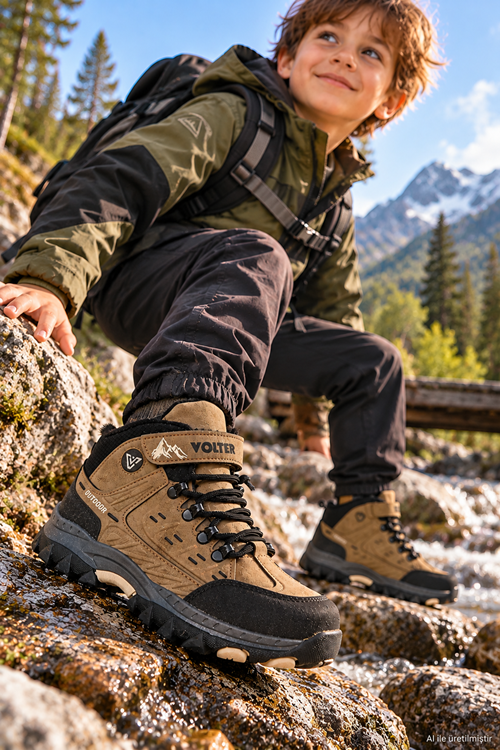 Erkek Çocuk Trekking Bot Outdoor Kışlık Ayakkabısı Fermuarlı Cırtlı Vizon