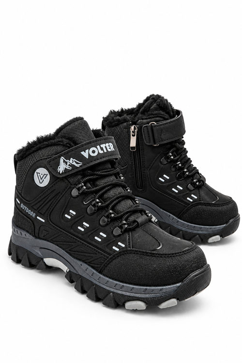 Erkek Çocuk Trekking Bot Outdoor Kışlık Ayakkabısı Fermuarlı Cırtlı Siyah