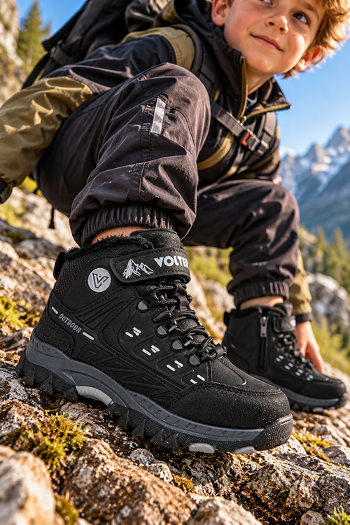 Erkek Çocuk Trekking Bot Outdoor Kışlık Ayakkabısı Fermuarlı Cırtlı Siyah