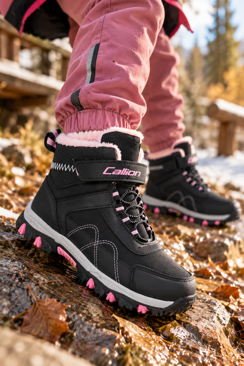 Callion Kız Çocuk Siyah Pembe Trekking Bot İçi Kürklü Cırtlı Kışlık Outdoor Bot