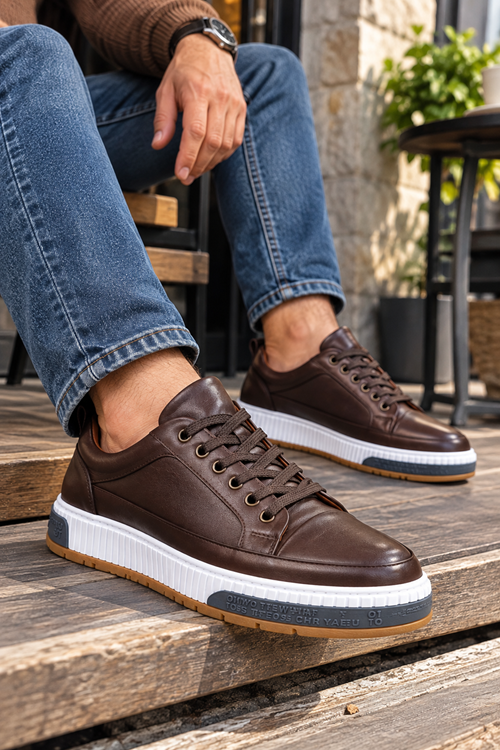 Kahverengi Erkek Hakiki Deri Sneaker Ayakkabı Bağcıklı Kalın Tabanlı Casual Spor Ayakkabı