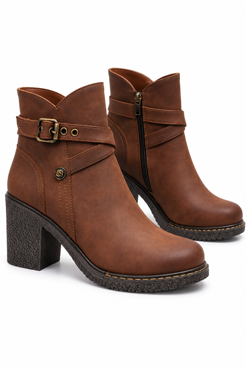 Leona 101-02 Taba Alçak Kare Topuk Kauçuk Taban Kısa Kadın Bootie