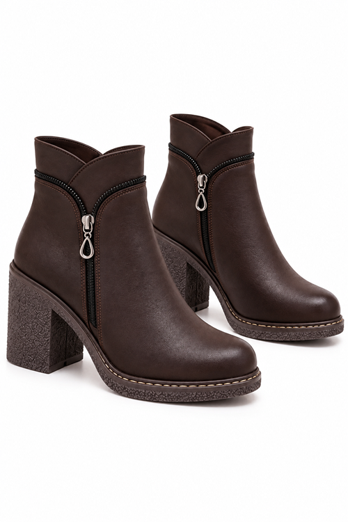 Leona 103-04 Koyu Kahve Alçak Kare Topuk 8 cm Kauçuk Taban Kısa Kadın Bootie