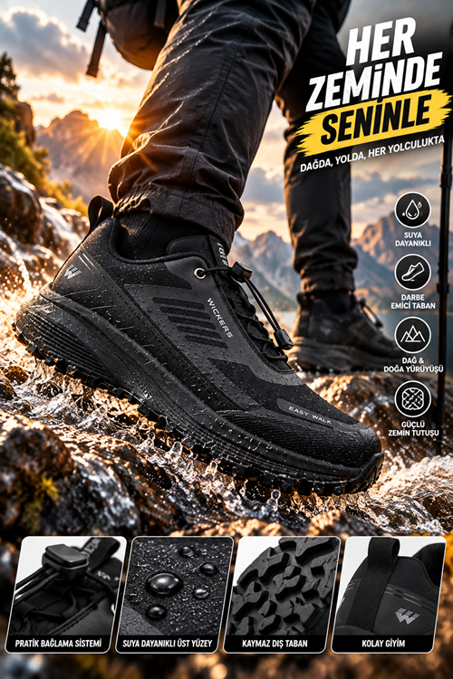 Wickers Easy Walk Siyah Erkek Outdoor Spor Ayakkabı – Bağcıklı, Kalın Tabanlı, Trekking ve Günlük Kullanım