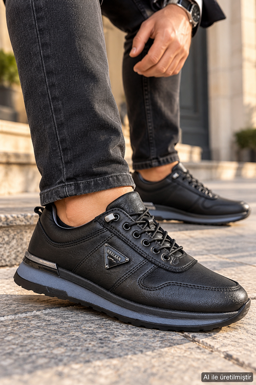 Erkek Siyah Klasik Casual Sneaker Günlük Spor Ayakkabı- Yumuşacık Deri