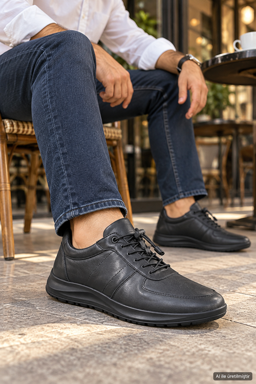 Erkek Siyah Bağcıklı Günlük Sneaker Rahat Tabanlı Casual Spor Ayakkabı