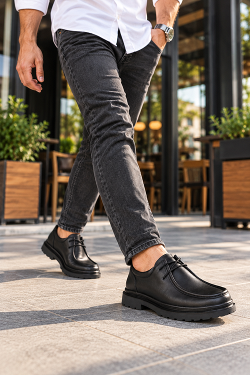 Siyah Hakiki Deri Bağcıklı Moc Toe Kalın Taban Casual Ayakkabı